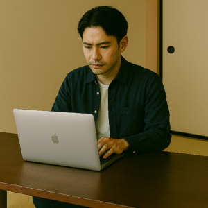ノートパソコンを使ってオンライン上で仕事する男性
